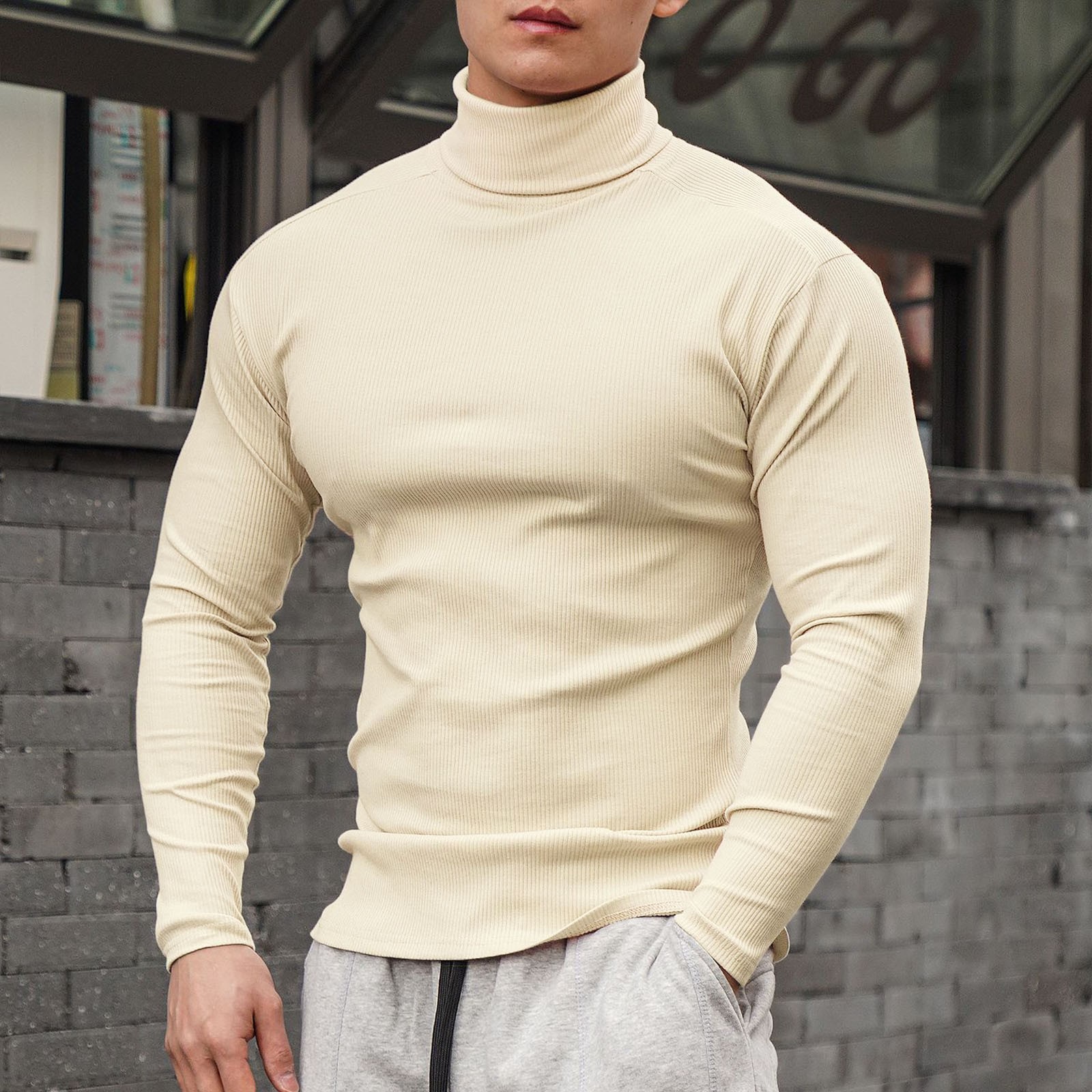 thumbnail image 2 of Camiseta de manga larga y cuello alto para hombre: color liso, corte ajustado, tejido elástico, para uso informal en primavera/verano., 2 of 7
